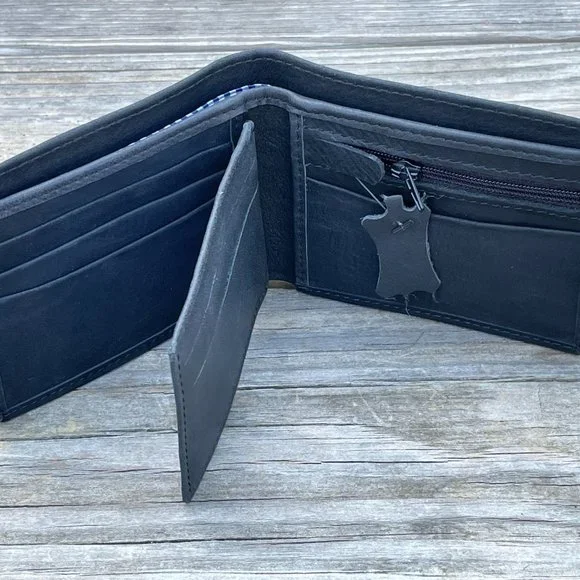 Handmade Genuine Leather Black Wallet Card Holder Purse Bi Fold Purse - Picture 9 of 13